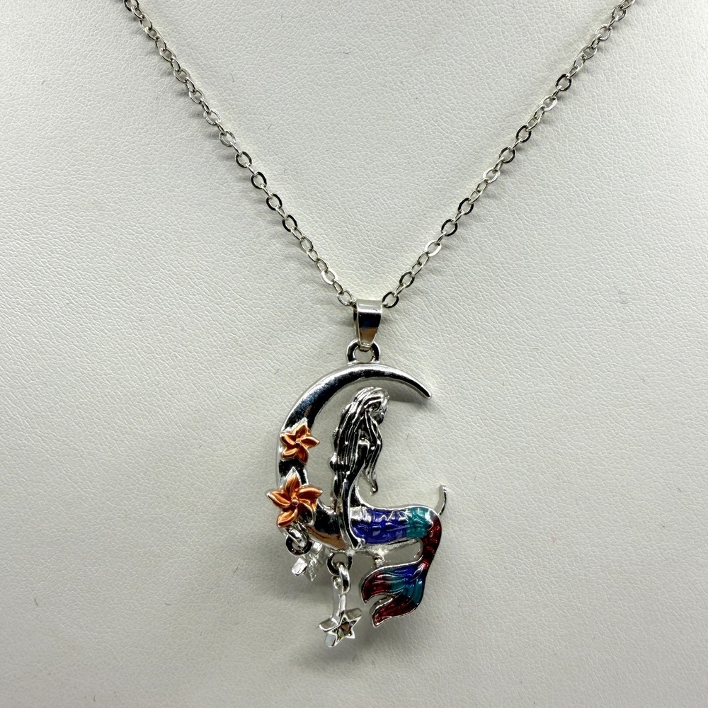 Magical Mermaid on Crescent Moon Pendant Necklace Celestial Boho Jewelry Gift